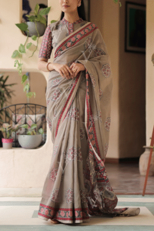 Fossil Grey Cotton Saree | House Of Preet